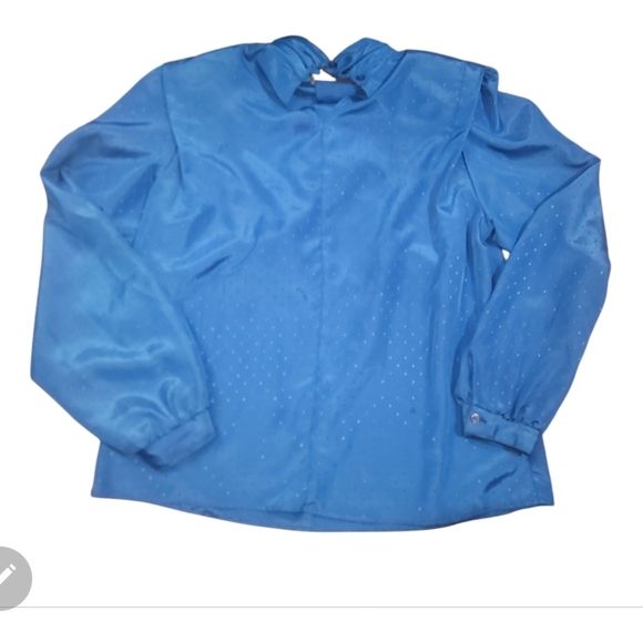 robyn's nest bright blue vintage high neck jabot tie dotted blouse top shirt L - Picture 2 of 6